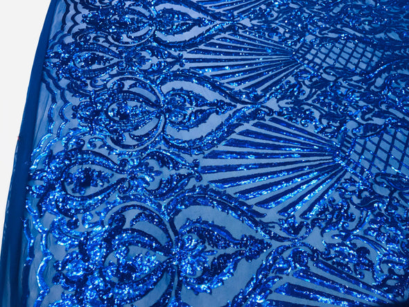 Royal blue shiny sequin damask design on a 4 way stretch mesh-prom-nightgown-sold by the yard-free shipping in the usa-