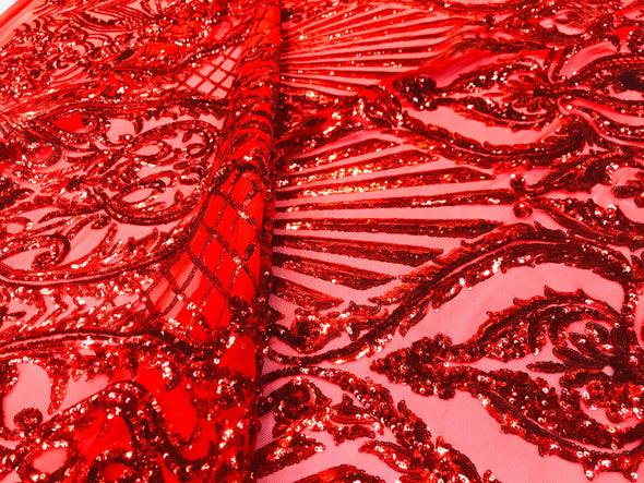 Red shiny sequin damask design on a 4 way stretch mesh-prom-nightgown-sold by the yard-free shipping in the usa-