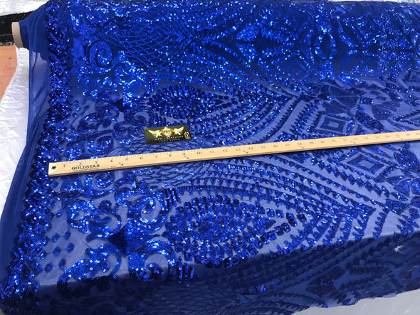 New royal blue shiny diamond design with sequins on a 4 way stretch mesh-prom-nightgown-sold by the yard-free shipping in the USA.