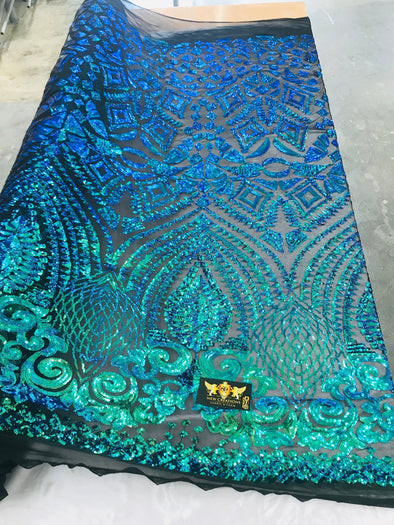 New green/blue iridescent diamond design with sequins on a black 4 way stretch mesh-prom-nightgown-sold by the yard-free shipping in the USA
