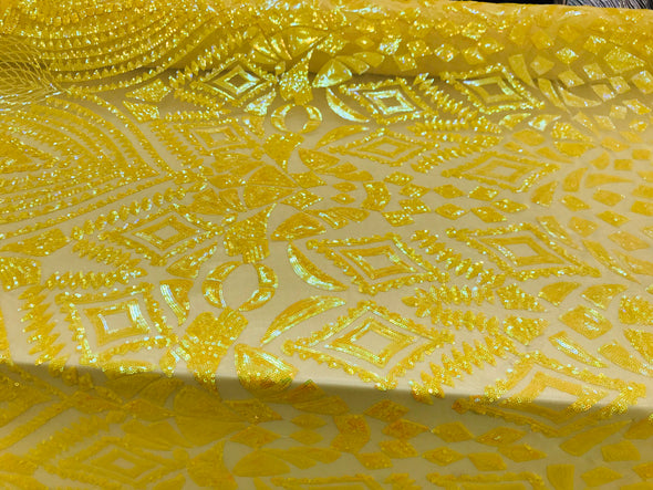 New yellow iridescent diamond design with sequins on a 4 way stretch mesh-prom-nightgown-sold by the yard-free shipping in the USA.