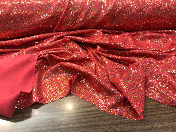Red iridescent hologram round sequins on a metallic spandex-sold by the yard-free shipping in the usa.