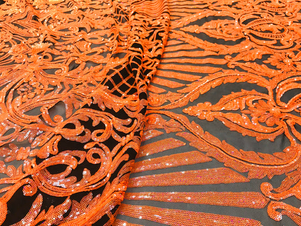 Neon orange iridescent shiny sequin damask design on a black 4 way stretch mesh-prom-nightgown-sold by the yard-free shipping in the usa-