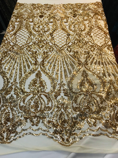 Gold shiny sequin damask design on a 4 way stretch mesh-prom-nightgown-sold by the yard-free shipping in the usa-