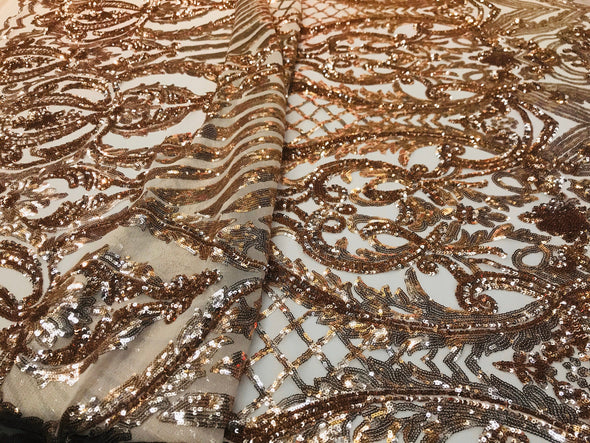 Rose gold shiny sequin damask design on a 4 way stretch mesh-prom-nightgown-sold by the yard-free shipping in the usa-