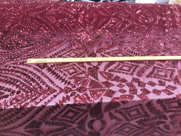 New burgundy shiny diamond design with sequins on a 4 way stretch mesh-prom-nightgown-sold by the yard-free shipping in the USA.