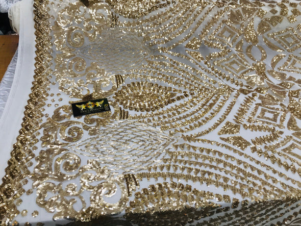 New gold shiny diamond design with sequins on a 4 way stretch mesh-prom-nightgown-sold by the yard-free shipping in the USA-