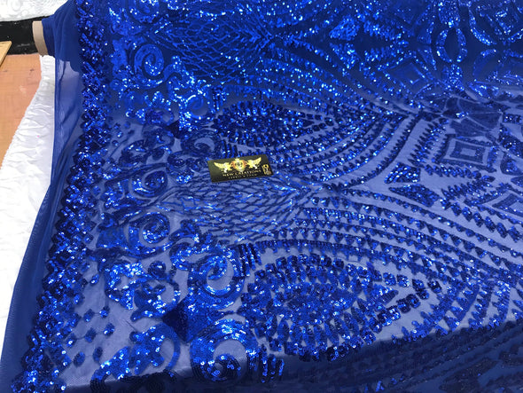 New royal blue shiny diamond design with sequins on a 4 way stretch mesh-prom-nightgown-sold by the yard-free shipping in the USA.