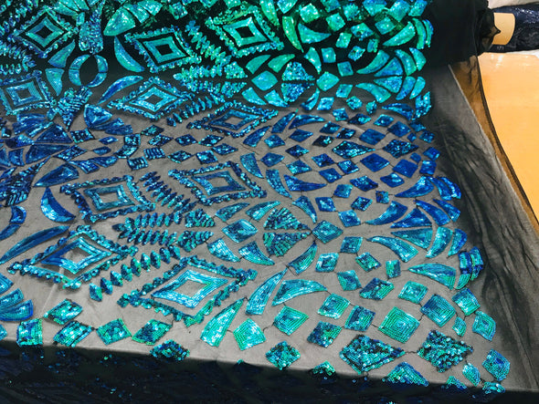 New green/blue iridescent diamond design with sequins on a black 4 way stretch mesh-prom-nightgown-sold by the yard-free shipping in the USA