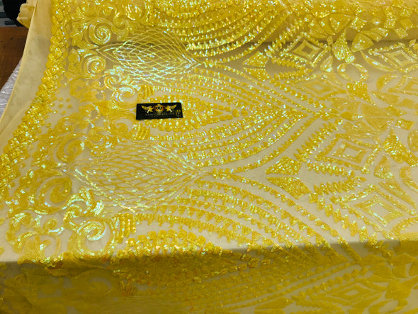 New yellow iridescent diamond design with sequins on a 4 way stretch mesh-prom-nightgown-sold by the yard-free shipping in the USA.