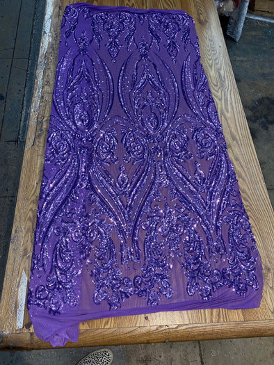 Dark lavender damask  sequin design on a 4 way stretch mesh-48”-50”-prom-nightgown-sold by the yard.