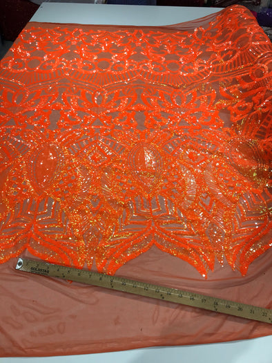 Neon orange royalty design on a 4 way stretch mesh-prom-nightgown-sold by the yard.