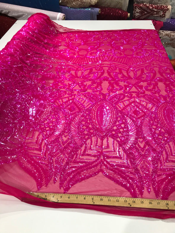 Neon pink royalty design on a 4 way stretch mesh-prom-nightgown-sold by the yard.