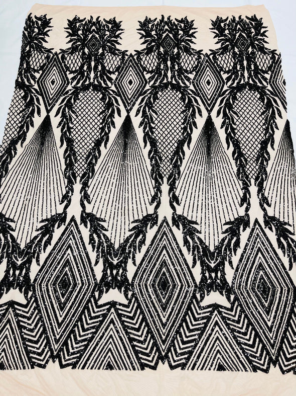 Black geometric diamond design with shiny sequins on a nude 4 way stretch mesh-dresses-prom-nightgown-sold by the yard-