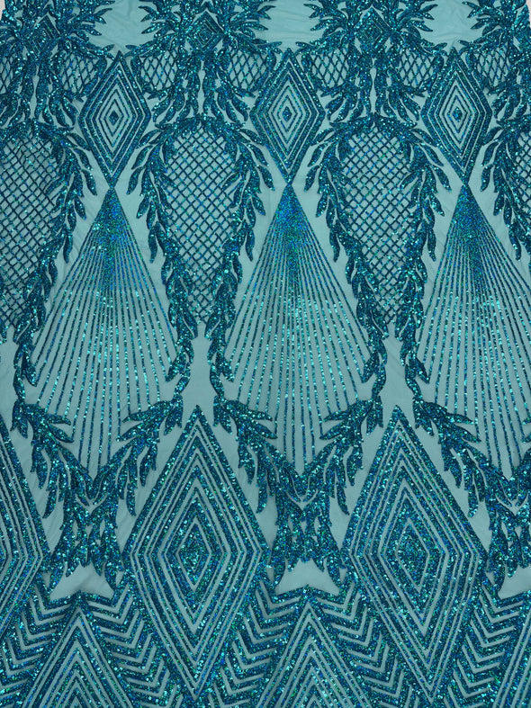 Turquoise geometric diamond design with shiny iridescent sequins on a 4 way stretch mesh-dresses-prom-nightgown-sold by the yard-