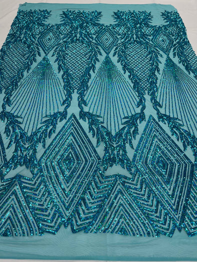 Turquoise geometric diamond design with shiny iridescent sequins on a 4 way stretch mesh-dresses-prom-nightgown-sold by the yard-