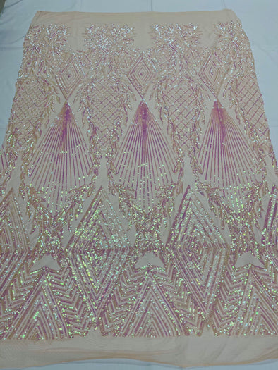 Barbie pink geometric diamond design with shiny iridescent sequins on a nude 4 way stretch mesh-dresses-prom-nightgown-sold by the yard-