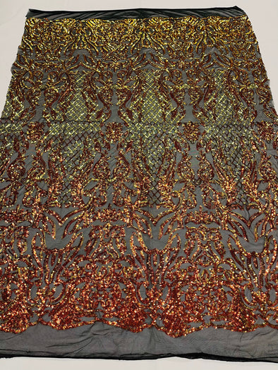 Orange AV iridescent shiny sequin damask design on a black 4 way stretch mesh-prom-nightgown-sold by the yard-free shipping in the usa.