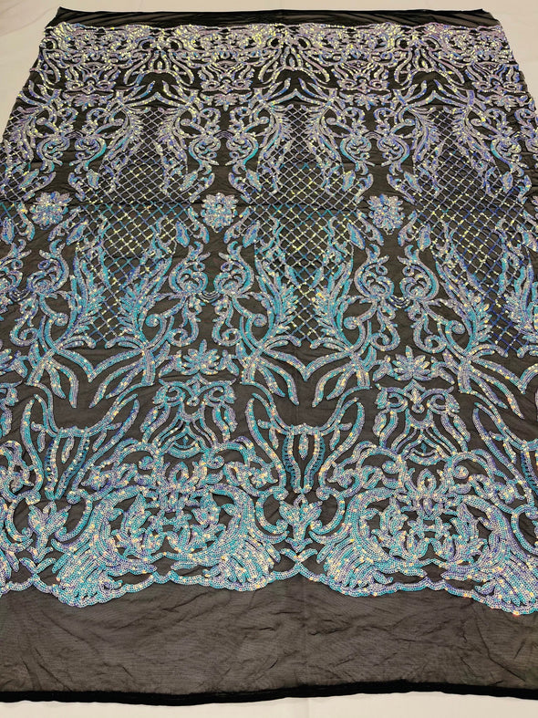 clear blue iridescent shiny sequin damask design on a black 4 way stretch mesh-prom-nightgown-sold by the yard-free shipping in the usa.