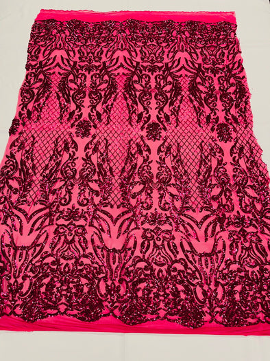 Fuchsia shiny sequin damask design on a 4 way stretch mesh-prom-nightgown-sold by the yard-free shipping in the usa.