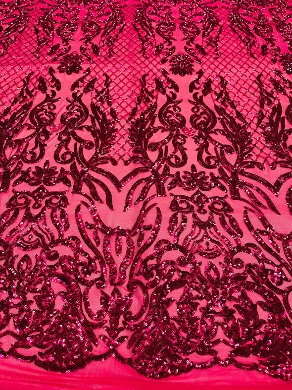 Fuchsia shiny sequin damask design on a 4 way stretch mesh-prom-nightgown-sold by the yard-free shipping in the usa.