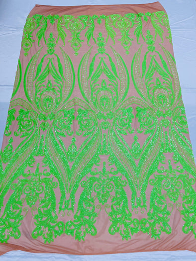 Neon Green iridescent sequin damask design on a nude 4 way stretch mesh-48”-50”-prom-nightgown-sold by the yard.