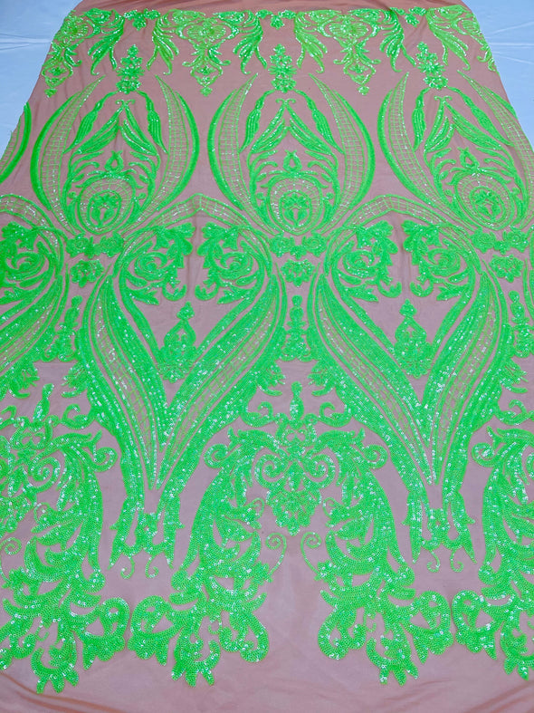 Neon Green iridescent sequin damask design on a nude 4 way stretch mesh-48”-50”-prom-nightgown-sold by the yard.
