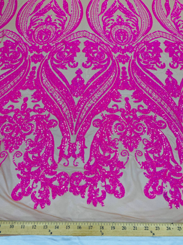 Hot pink iridescent sequin damask design on a nude 4 way stretch mesh-48”-50”-prom-nightgown-sold by the yard.