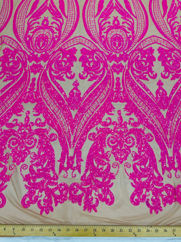Hot pink iridescent sequin damask design on a nude 4 way stretch mesh-48”-50”-prom-nightgown-sold by the yard.