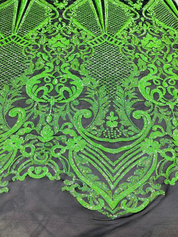 Neon green princess design iridescent sequins embroidery on a 4 way stretch black mesh-dresses-apparel-prom-nightgown-sold by the yard.