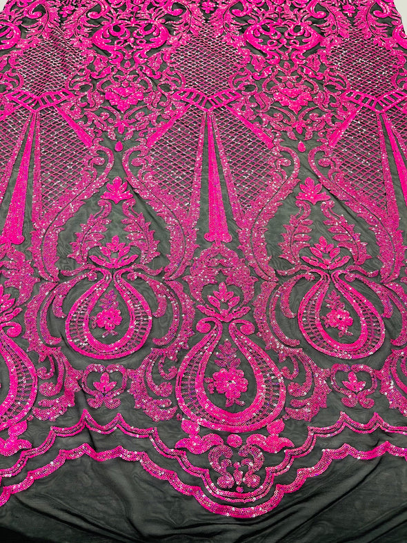 Hot pink princess design iridescent sequins embroidery on a 4 way stretch black mesh-dresses-apparel-prom-nightgown-sold by the yard.