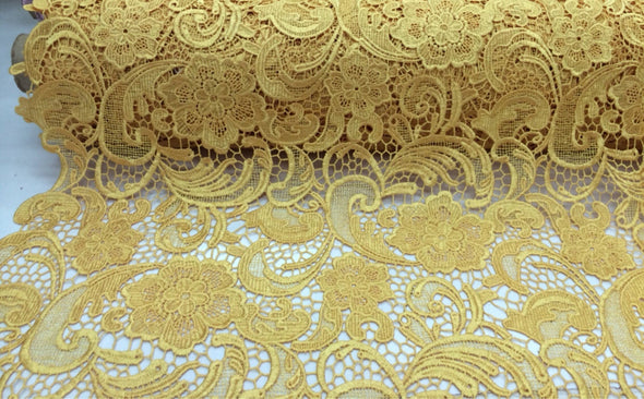 Yellow guipure flowers embroider lace. Sold by the yard.36x45inches.