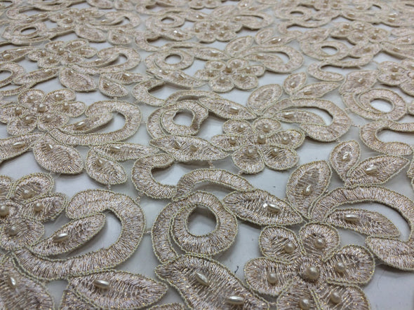 Metallic gold flowers embroider and hand beaded organza lace.36x50inches. Sold by the yard.