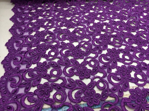 Purple flowers embroider and hand beaded organza lace.36x50inches-fashion-dresses-apparel-Sold by the yard.