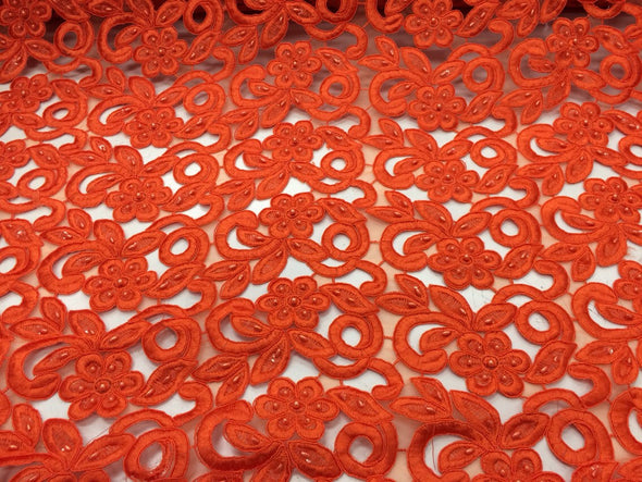 Orange flowers embroider and hand beaded organza lace.36x50inches-fashion-prim-decorations-Sold by the yard.