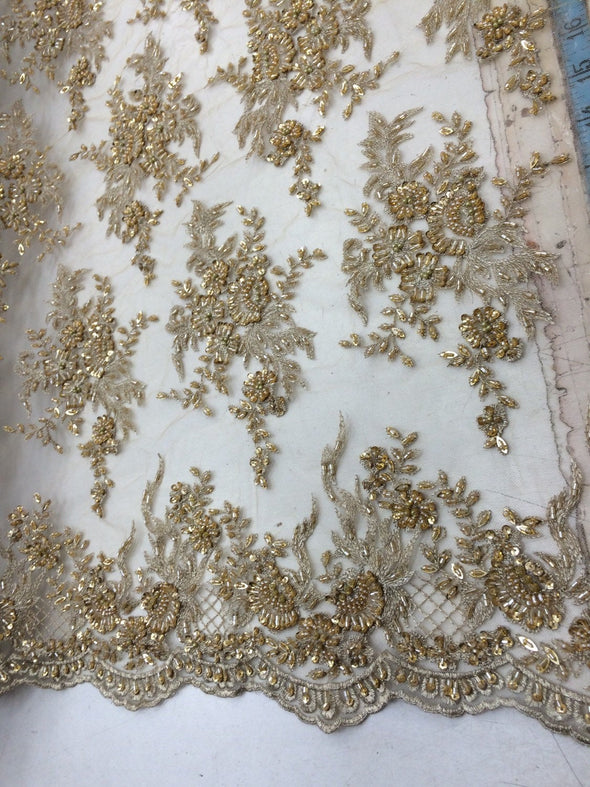 Gold french design embroider and hand beaded on a mesh lace.36x50inches-prom-nightgown-decorations-dresses-Sold by the yard.
