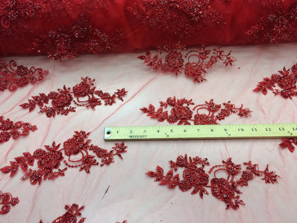 Elegant red hand beaded mesh lace. Wedding/Bridal fabric lace.36x50inches-prom-nightgown-decorations-Sold by the yard.