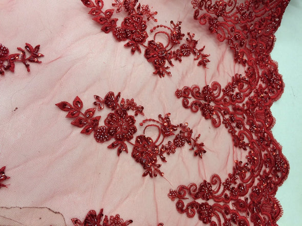 Elegant red hand beaded mesh lace. Wedding/Bridal fabric lace.36x50inches-prom-nightgown-decorations-Sold by the yard.