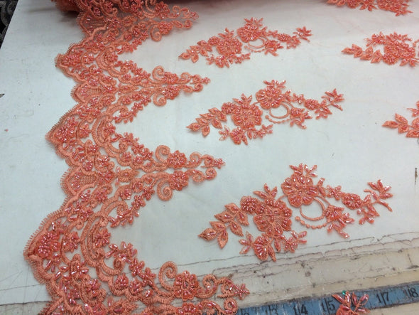 Elegant coral flower beaded and embroider on a mesh lace-prom-nightgown-decorations-sold by the yard.