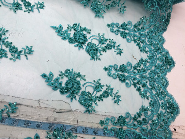 Elegant jade green hand beaded mesh lace. Wedding/ bridal/prom-nightgown- fabric lace.36x50inches. Sold by the yard.