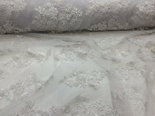 Elegant white hand beaded mesh lace. Wedding/Bridal fabric lace.36x50inches-prom-wedding-bridal-nightgown-dresses-fashion-Sold by the yard.