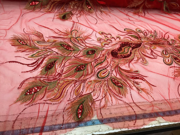 Gold peacock feathers embroider with red sequins on a red mesh-apparel-fashion-dresses-nightgown-sold by 2 panels.