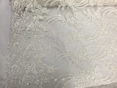 White french design embroider and hand beaded on a mesh lace.Wedding/Bridal/Prom/Nightgown fabrics