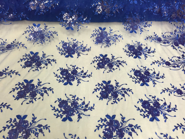 Royal blue flowers embroider with sequins on a mesh lace. Wedding/Bridal/Prom/Nightgown fabrics.