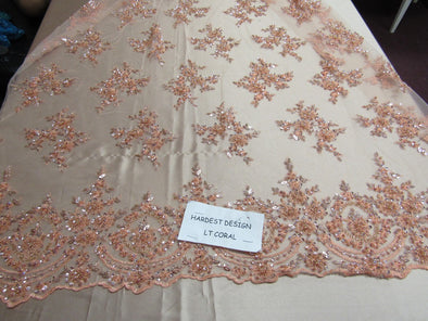 Luxurious Lt.Peach French design embroider and beaded on a mesh lace. Wedding/Bridal/Prom/Nightgown fabric.