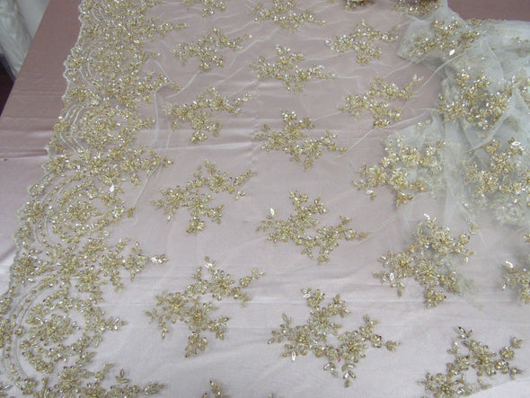 Luxurious Gold French design embroider and beaded on a mesh lace. Wedding/Bridal/Prom/Nightgown fabric.