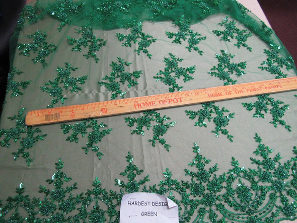 Luxurious green French design embroider and beaded on a mesh lace. Wedding/bridal/Prom/Nightgown fabric.