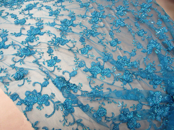 Elegant turquoise French design embroider and beaded on a mesh lace. Wedding/Bridal/Prom/Nightgown fabric.