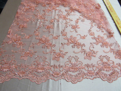 Elegant blush peach French design embroider and beaded on a mesh lace. Wedding/Bridal/Prom/Nightgown fabric.