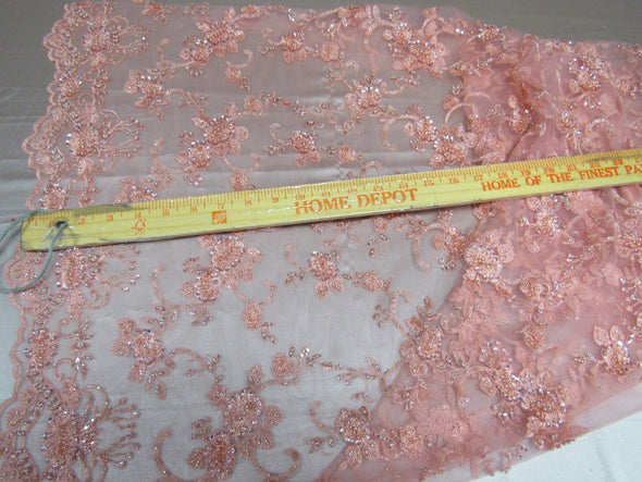 Elegant blush peach French design embroider and beaded on a mesh lace. Wedding/Bridal/Prom/Nightgown fabric.